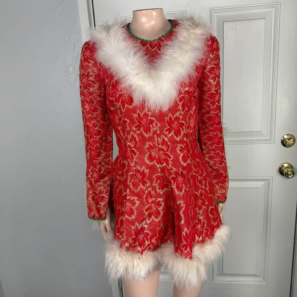 Vintage 70s Dress Hollywood Costume Floral Christmas Real Fur Mrs Claus Party G5